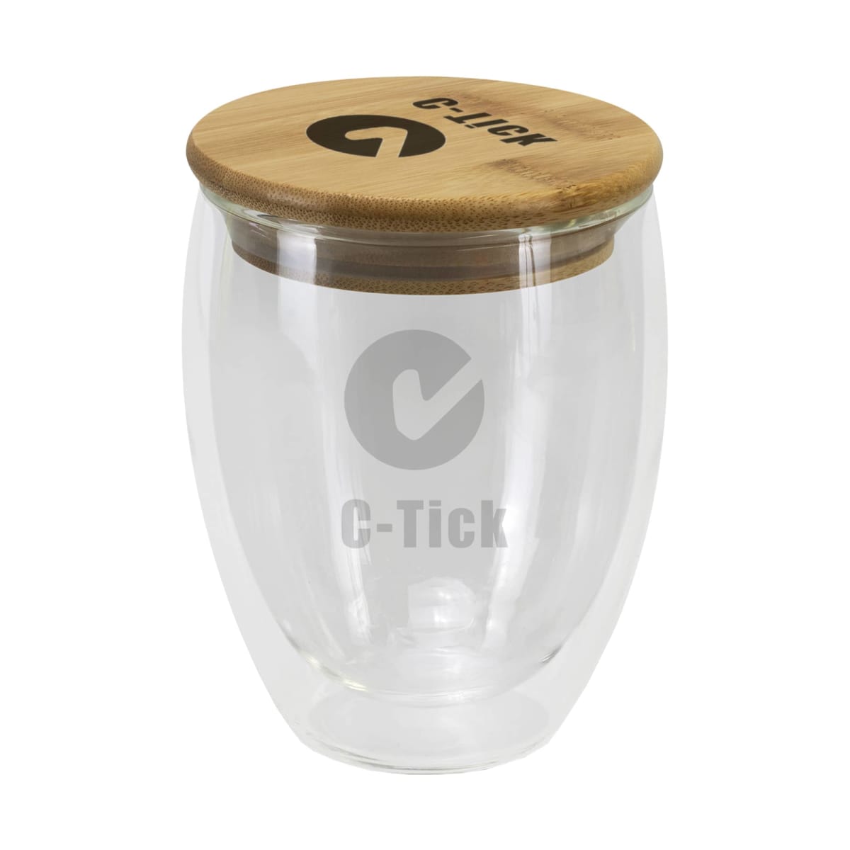 Double-walled glass jar with bamboo lid, featuring C-Tick and a checkmark logo.
