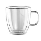 Clear glass mug with a handle, viewed from the side against a plain white background.