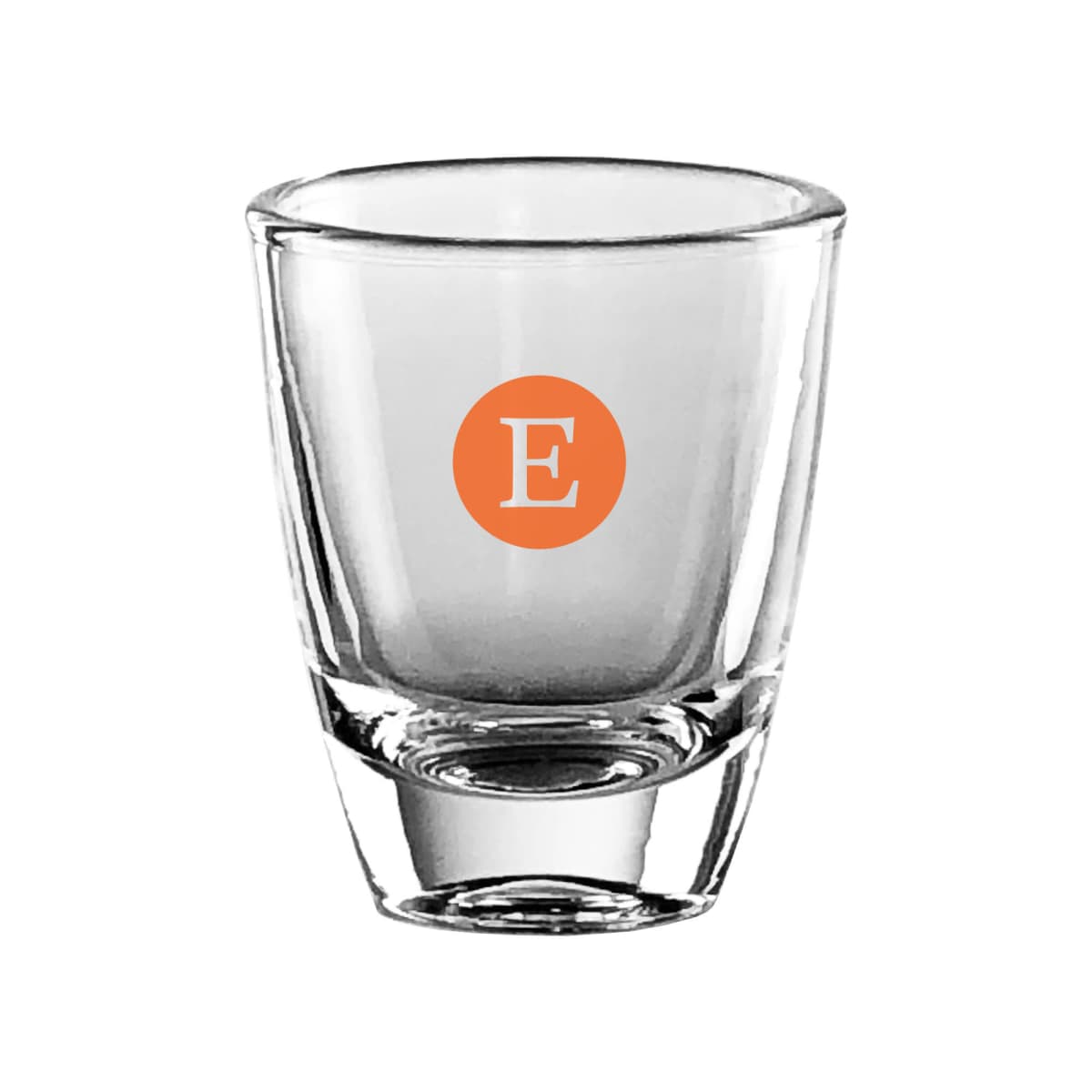 Clear shot glass with an orange circle featuring a white letter E.