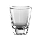 Clear empty shot glass against a white background.