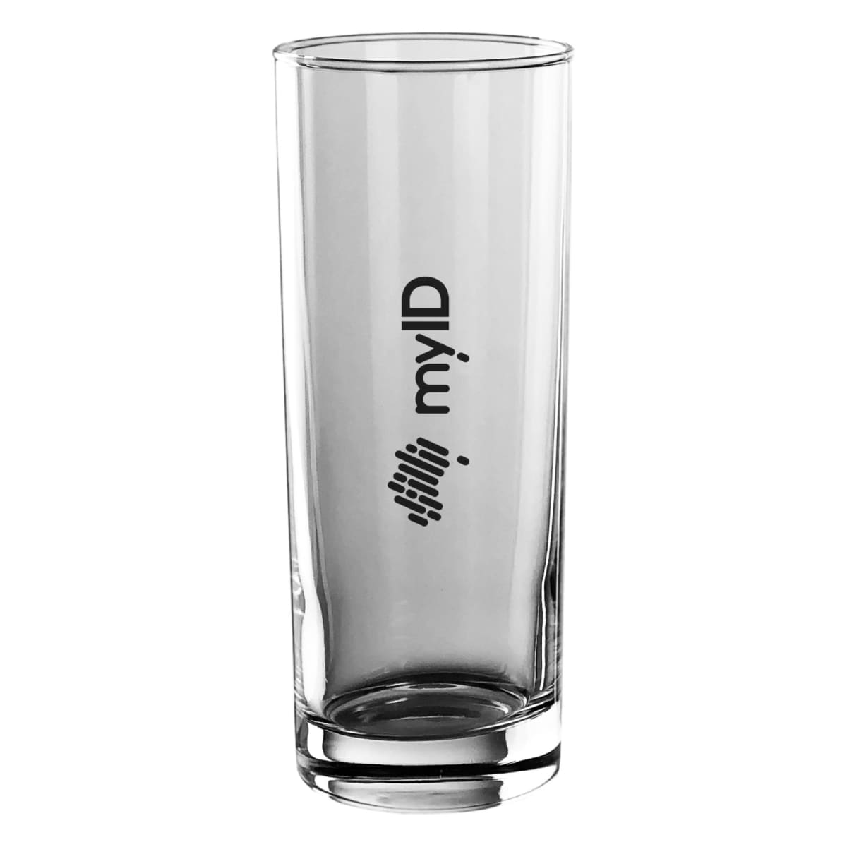 A tall, clear glass with my ID and a logo printed on its side.