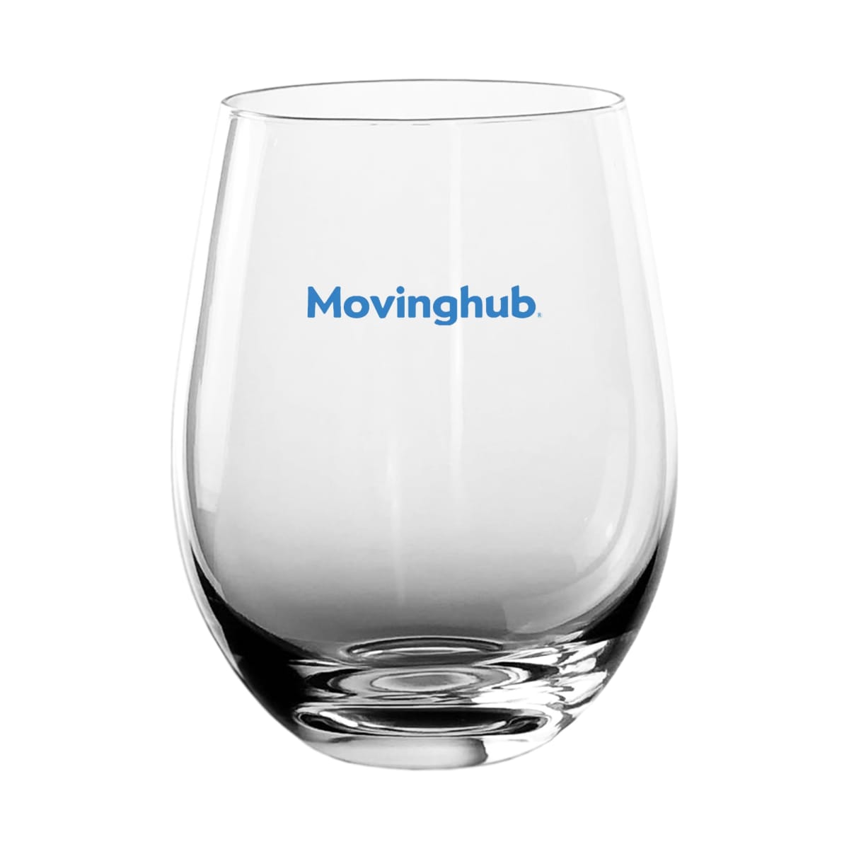 Clear wine glass with Movinghub logo in blue text.