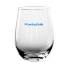 Clear stemless wine glass with Movinghub in blue text on it.