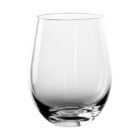 Clear, empty stemless wine glass against a plain white background.