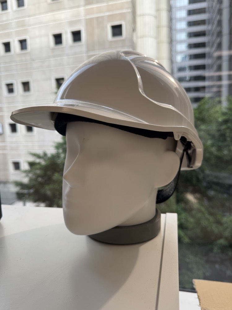 A custom hard hat on a mannequin head by a window, with buildings in the background.