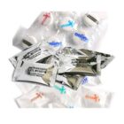 Individually wrapped mints in silver and clear packaging with various printed logos.