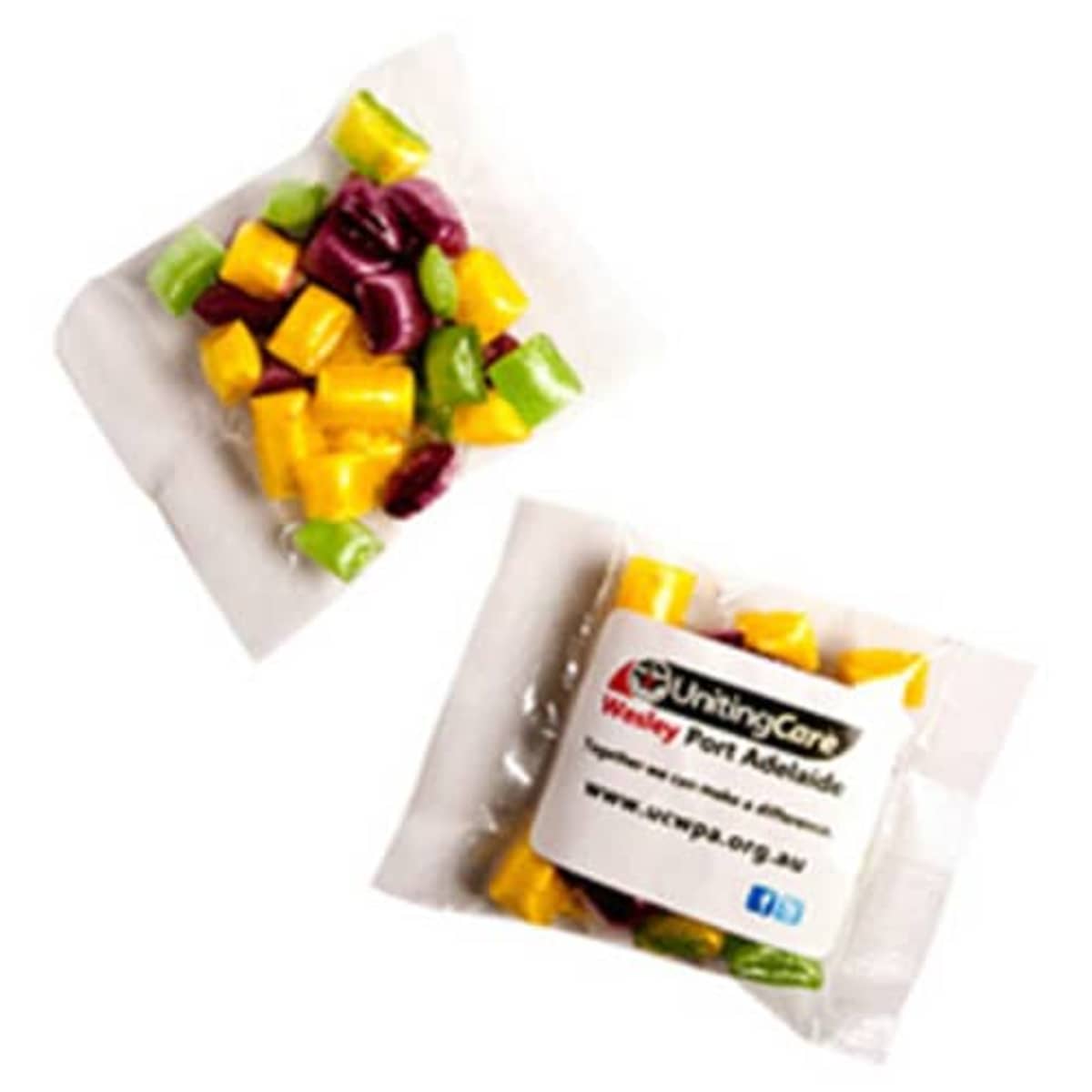 Two small clear bags with colorful hard candies, one bag has a UnitingCare label.