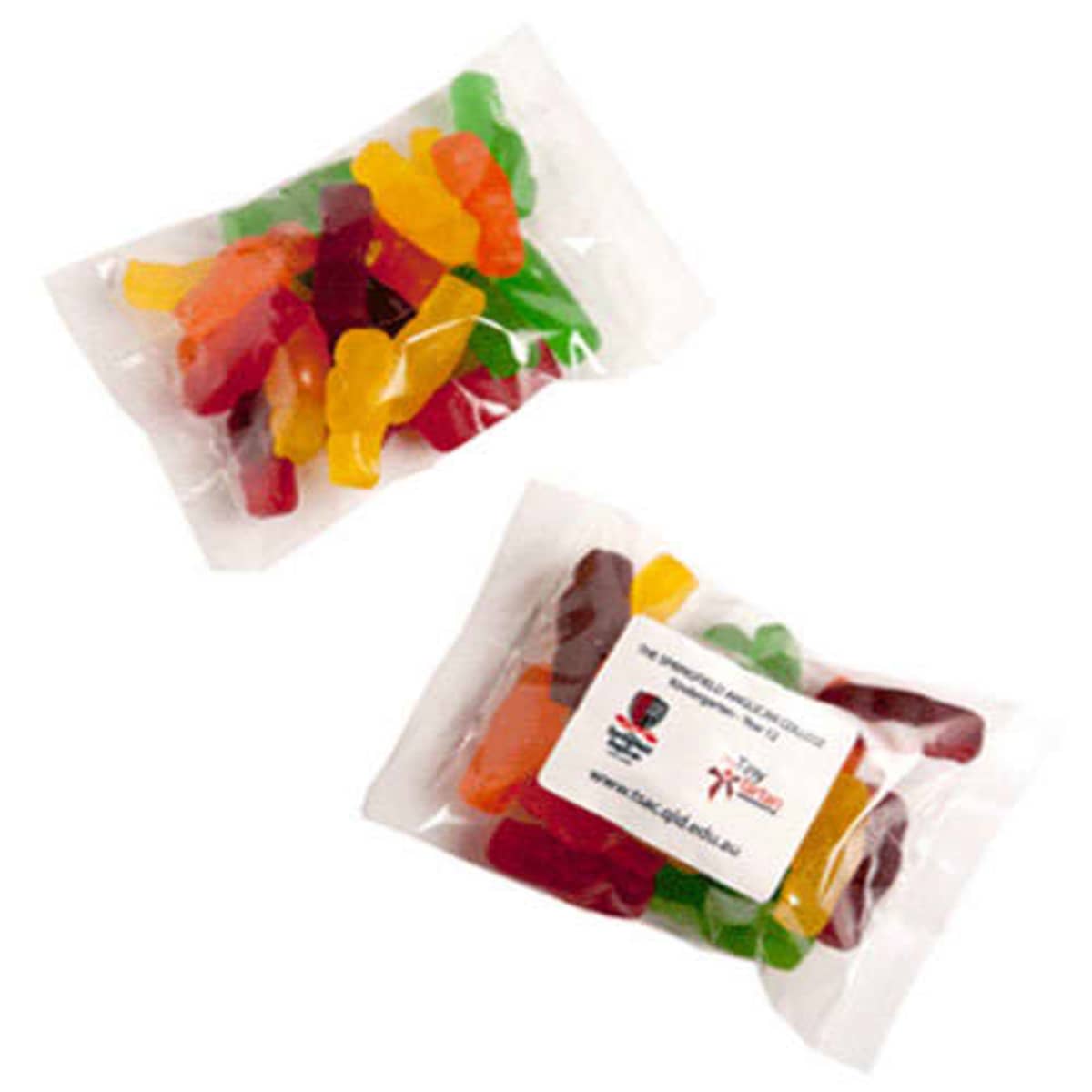 Bags of colorful gummy candies, one labeled with a sticker.