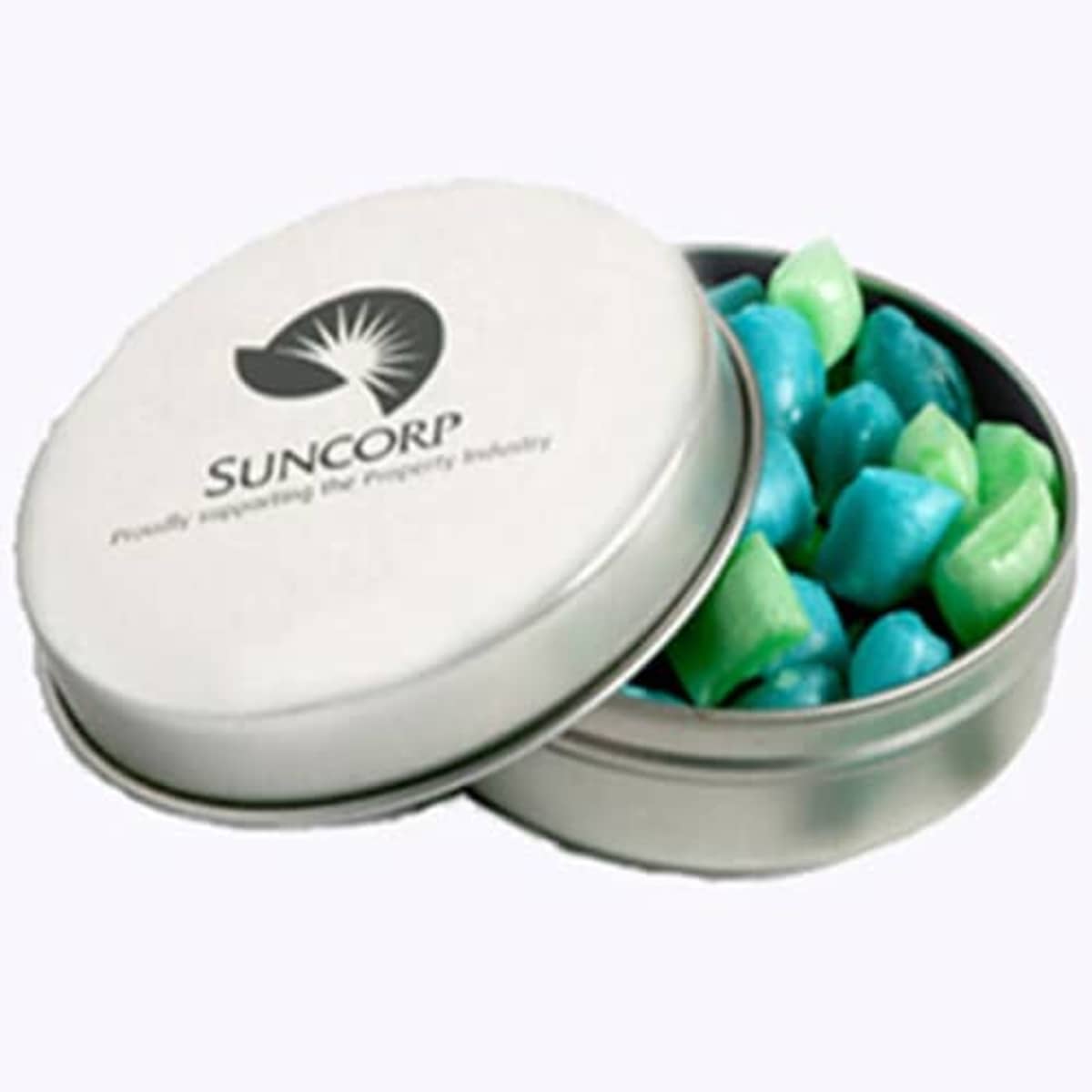 Round tin with Suncorp logo, filled with blue and green candies, lid partially open.
