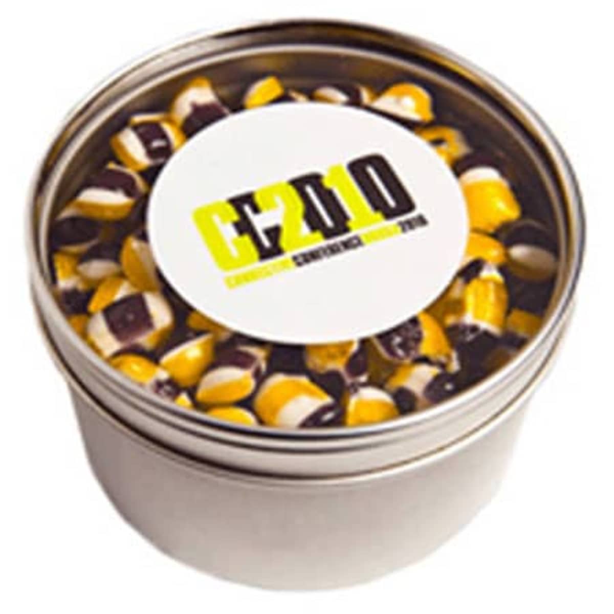 Round tin filled with yellow, black, and white candies, labeled C2D10.