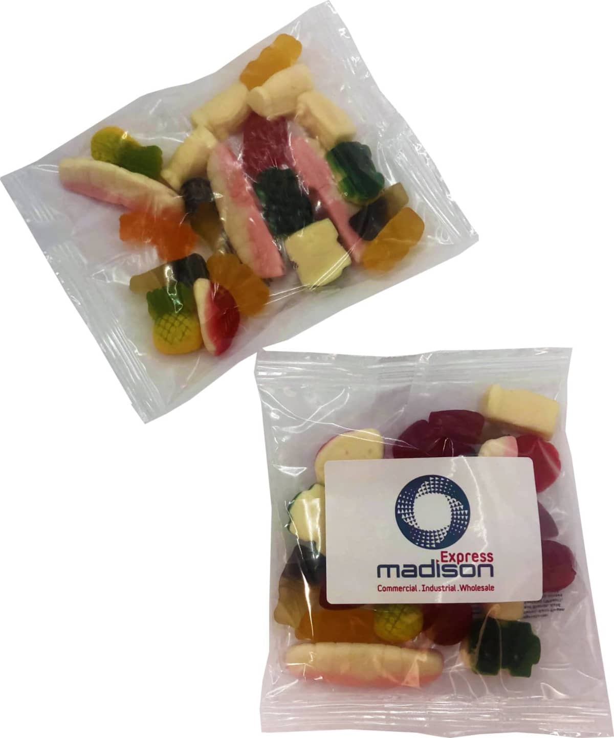Two clear bags of assorted gummy candies, one with a Madison Express label.