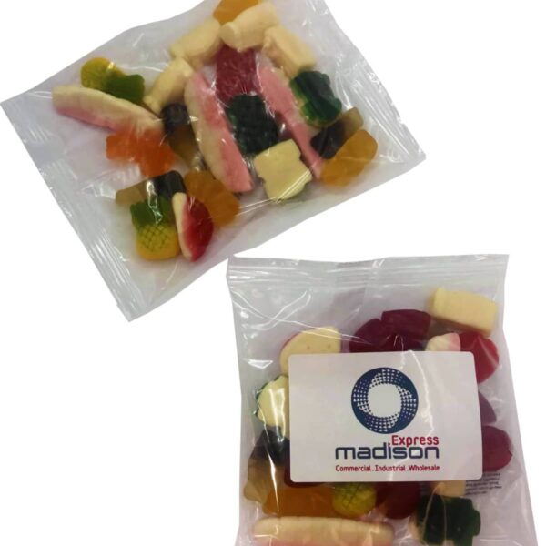 Two clear bags of assorted gummy candies, one with a Madison Express logo label.