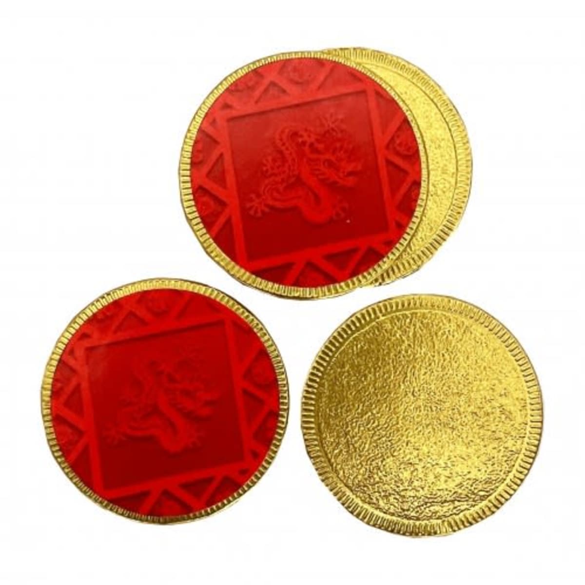Three round chocolate coins wrapped in red and gold foil with dragon designs.