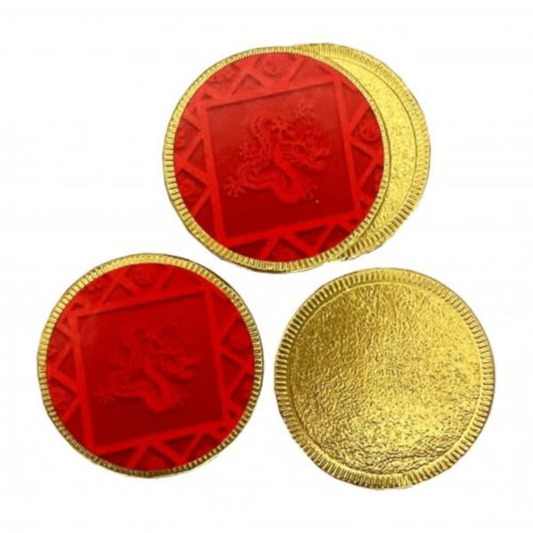 Three round red and gold foil-wrapped chocolate coins with a dragon design.