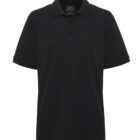 Plain black short-sleeve polo shirt with a collar and three buttons.