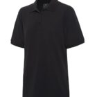 Plain black short-sleeve polo shirt with a collar and three buttons, displayed on a white background.
