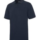 A plain dark navy short-sleeve polo shirt with a collar and three buttons.