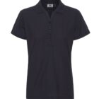 Black short-sleeved womens polo shirt with a buttoned placket and collar.