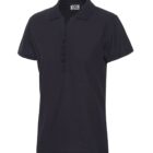 Black short-sleeve polo shirt with buttons and a collar, displayed on a plain background.