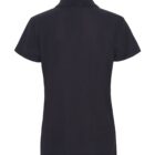 Back view of a plain black short-sleeved polo shirt on a white background.