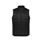 Black, sleeveless puffer vest with front zipper and two side pockets on a white background.