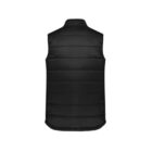 Back view of a black puffer vest on a white background.