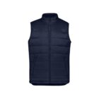 Navy blue puffer vest with a high collar and front zipper.