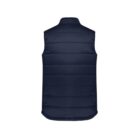 Navy blue puffer vest, rear view, against a white background.