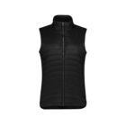 Black quilted sleeveless vest with a front zipper, isolated on a white background.