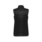 Black puffer vest with a high collar, back view.
