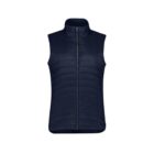 Navy blue, sleeveless puffer vest with a front zipper.