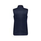 Back view of a navy blue quilted vest with a high collar.
