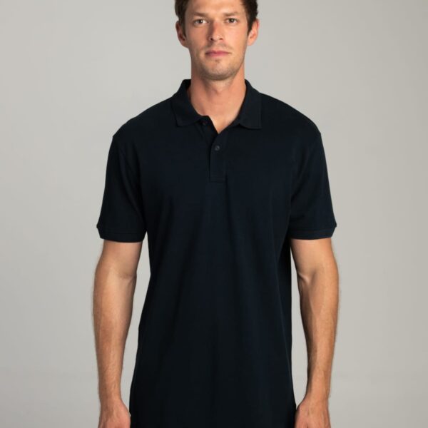 Man wearing a plain black polo shirt stands facing forward against a neutral background.