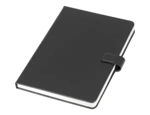 Black notebook with strap closure, perfect for branding as corporate gifts.