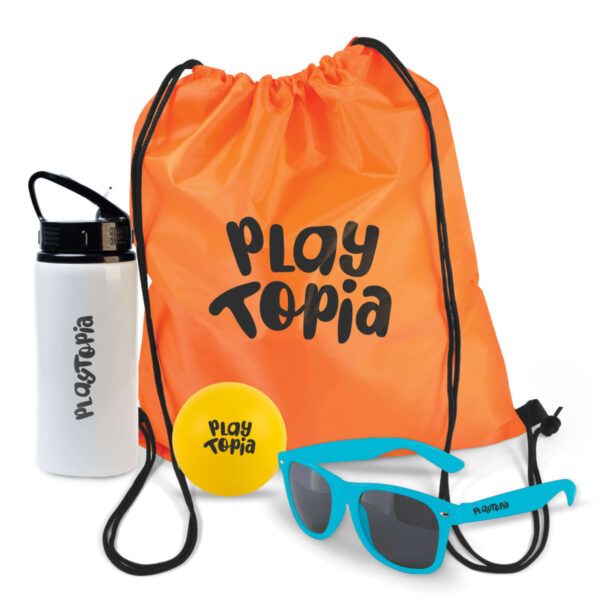 Orange drawstring bag with Playtopia logo, water bottle, yellow ball, and blue sunglasses.