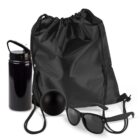 Black drawstring bag, water bottle, stress ball, and sunglasses on a white background.