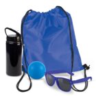 Blue drawstring bag with sunglasses, a water bottle, and a ball on a white background.