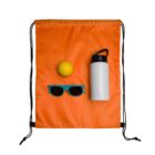 Orange drawstring bag with sunglasses, a yellow ball, and a white water bottle on top.