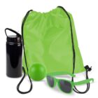 Green drawstring bag, water bottle, ball, and sunglasses arranged together.
