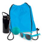 Blue drawstring bag, sunglasses, green ball, and black water bottle.