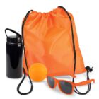 Orange drawstring bag, sunglasses, ball, and black water bottle.