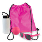 Pink drawstring bag, white bottle, pink ball, and pink sunglasses.
