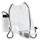 White drawstring bag with a water bottle, ball, and sunglasses.