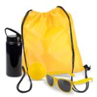 Yellow drawstring bag, black water bottle, yellow sunglasses, and a yellow ball.