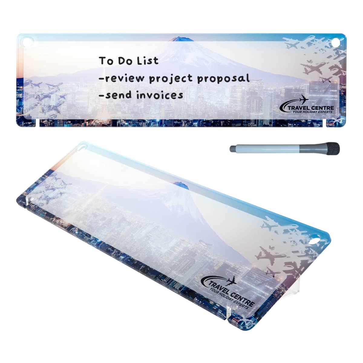 Travel-themed dry erase board with a to-do list and a marker.