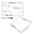 Transparent desk organizer with a whiteboard and marker displaying notes and architecture logo.