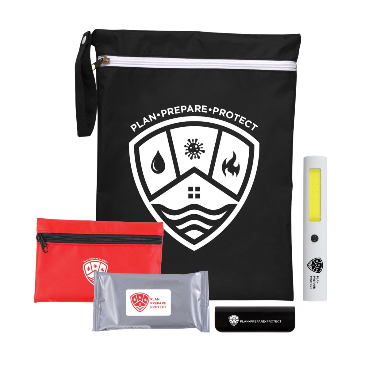 Emergency kit with black and red bags, flashlight, and multi-tool.