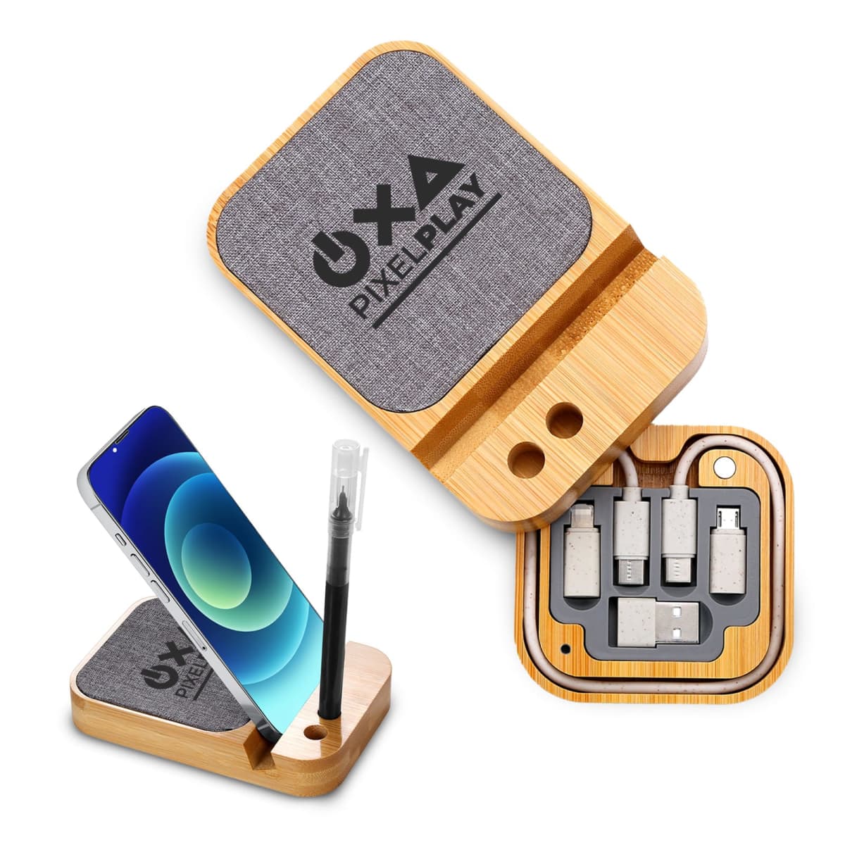 Bamboo charging station with multiple ports and a phone dock.