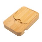 Wooden card holder with a sliding cover and thumb notch.