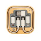 Multi-connector USB cable set in a compact bamboo case.